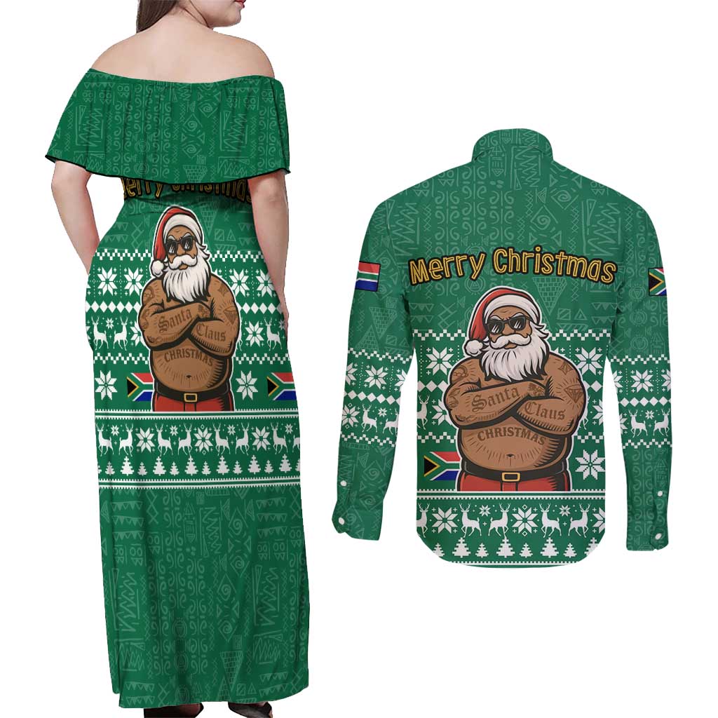 South Africa Christmas Couples Matching Off Shoulder Maxi Dress and Long Sleeve Button Shirt Christmas Santa Claus Tattoo - Wonder Print Shop