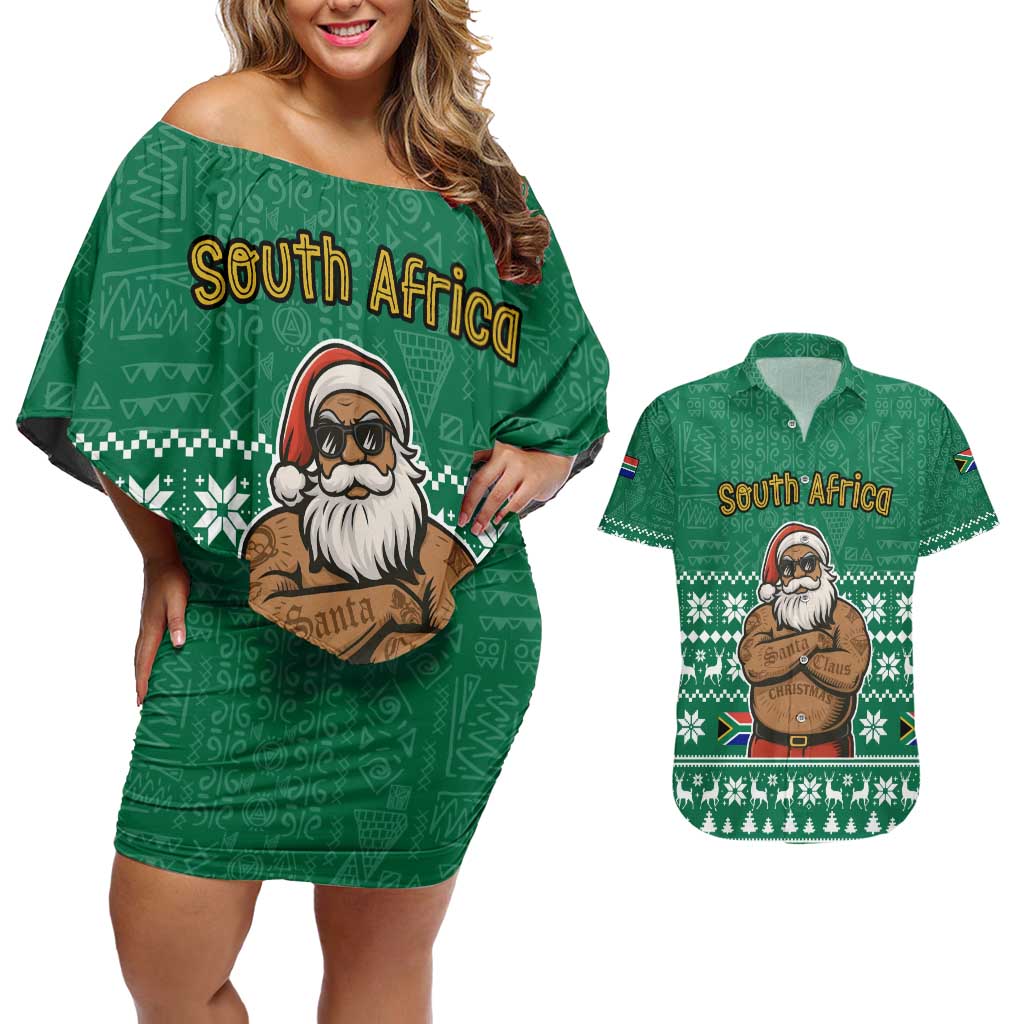 South Africa Christmas Couples Matching Off Shoulder Short Dress and Hawaiian Shirt Christmas Santa Claus Tattoo - Wonder Print Shop
