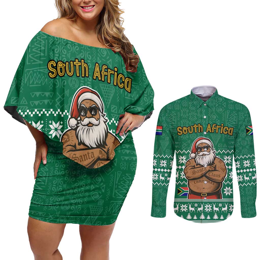 South Africa Christmas Couples Matching Off Shoulder Short Dress and Long Sleeve Button Shirt Christmas Santa Claus Tattoo - Wonder Print Shop