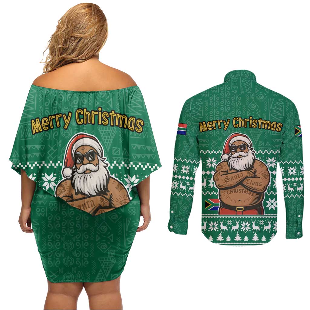 South Africa Christmas Couples Matching Off Shoulder Short Dress and Long Sleeve Button Shirt Christmas Santa Claus Tattoo - Wonder Print Shop