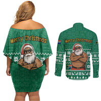 South Africa Christmas Couples Matching Off Shoulder Short Dress and Long Sleeve Button Shirt Christmas Santa Claus Tattoo - Wonder Print Shop
