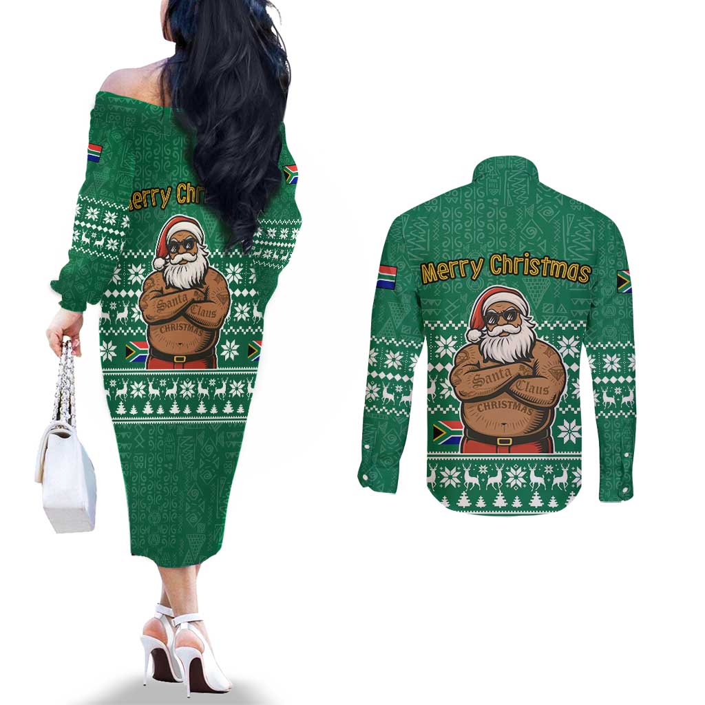South Africa Christmas Couples Matching Off The Shoulder Long Sleeve Dress and Long Sleeve Button Shirt Christmas Santa Claus Tattoo - Wonder Print Shop