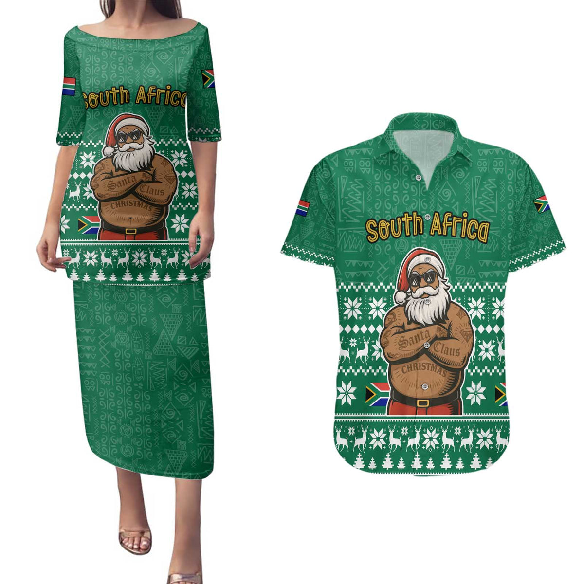 South Africa Christmas Couples Matching Puletasi and Hawaiian Shirt Christmas Santa Claus Tattoo - Wonder Print Shop