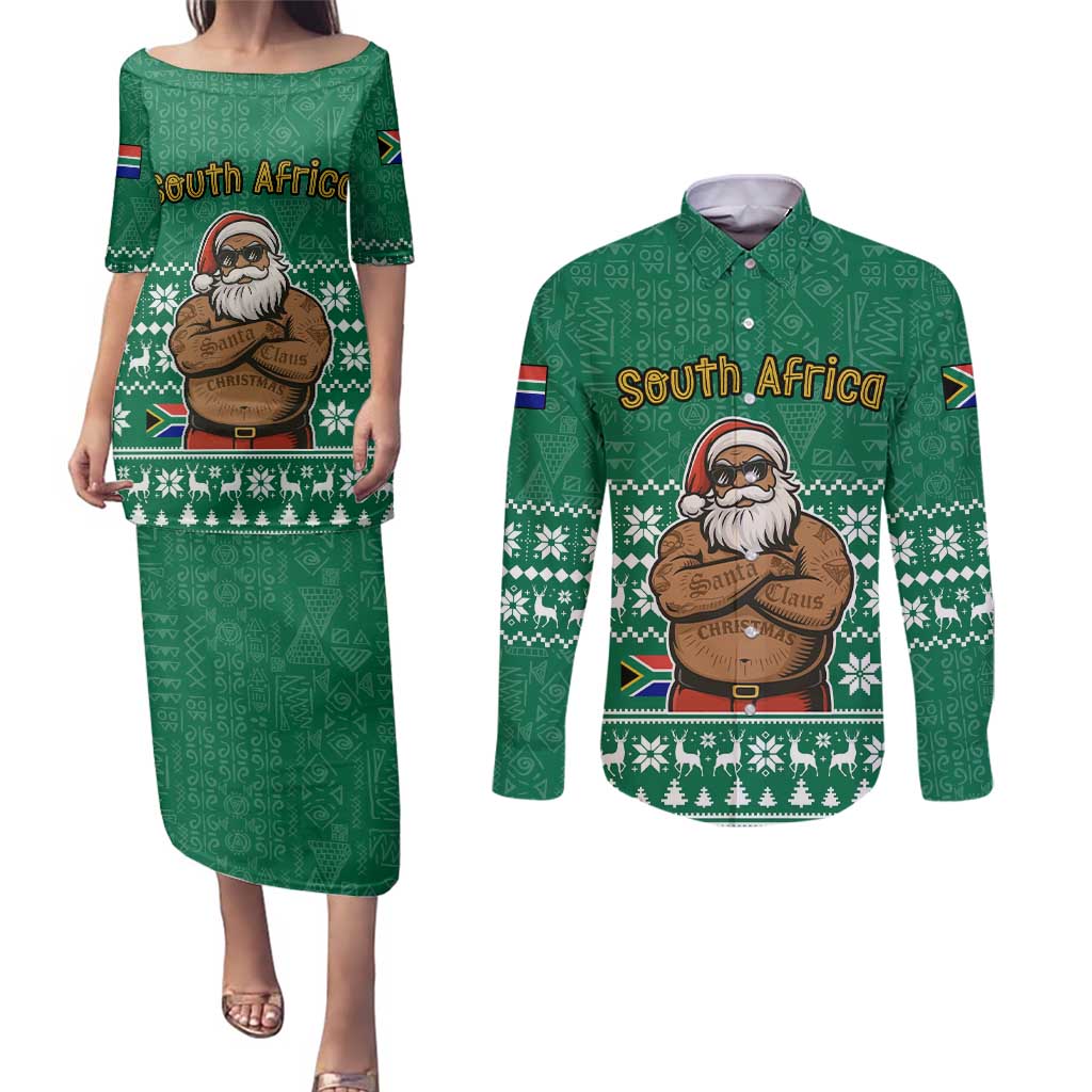 South Africa Christmas Couples Matching Puletasi and Long Sleeve Button Shirt Christmas Santa Claus Tattoo - Wonder Print Shop