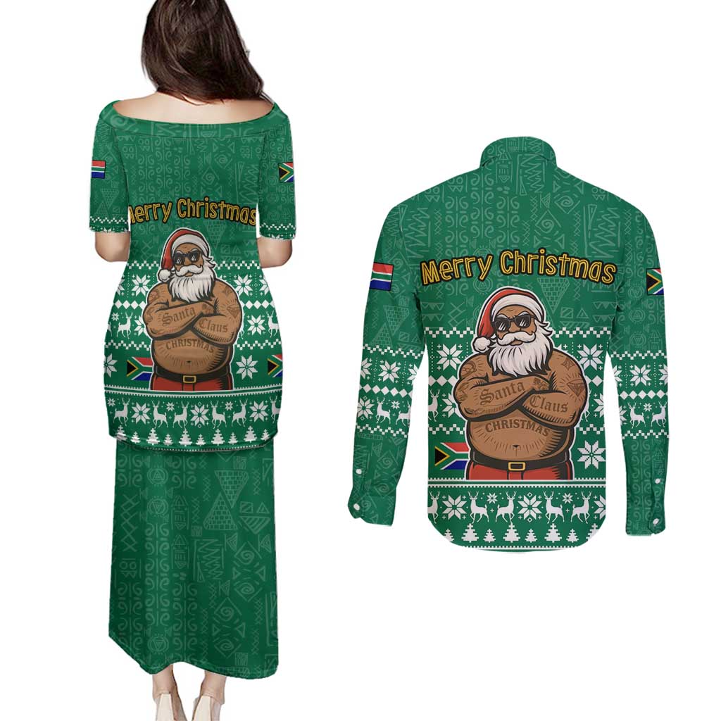 South Africa Christmas Couples Matching Puletasi and Long Sleeve Button Shirt Christmas Santa Claus Tattoo - Wonder Print Shop