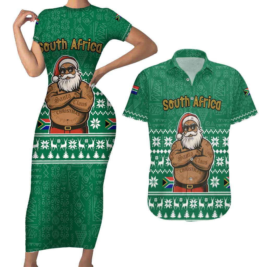 South Africa Christmas Couples Matching Short Sleeve Bodycon Dress and Hawaiian Shirt Christmas Santa Claus Tattoo - Wonder Print Shop