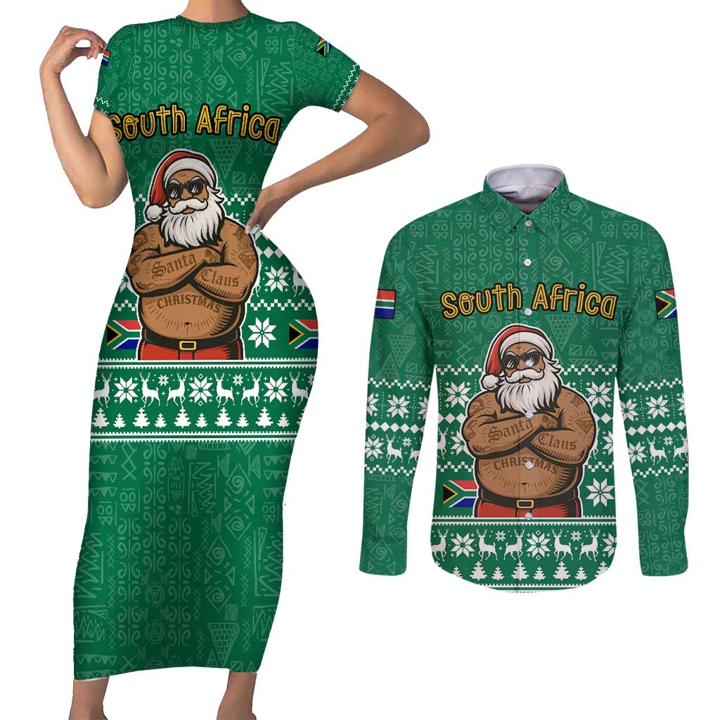South Africa Christmas Couples Matching Short Sleeve Bodycon Dress and Long Sleeve Button Shirt Christmas Santa Claus Tattoo - Wonder Print Shop