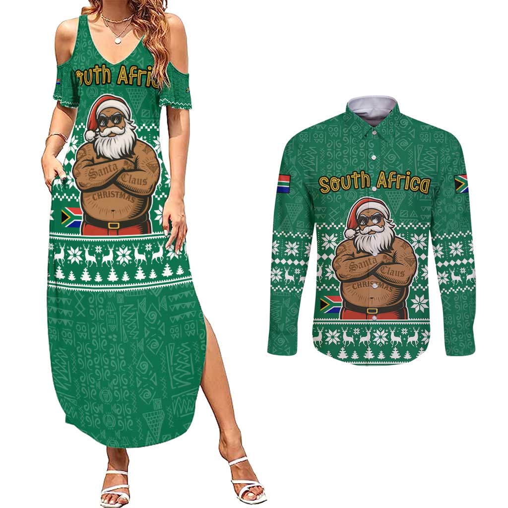 South Africa Christmas Couples Matching Summer Maxi Dress and Long Sleeve Button Shirt Christmas Santa Claus Tattoo - Wonder Print Shop