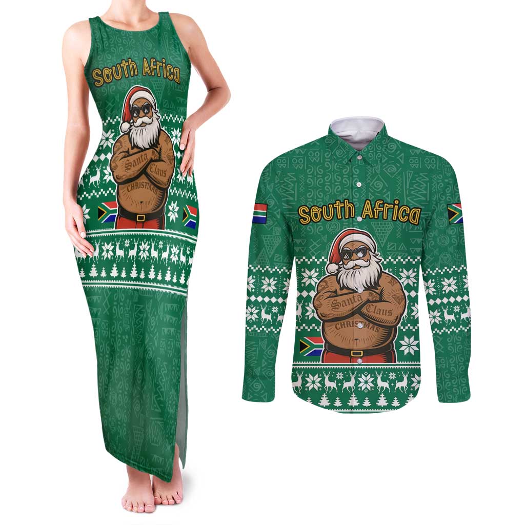 South Africa Christmas Couples Matching Tank Maxi Dress and Long Sleeve Button Shirt Christmas Santa Claus Tattoo - Wonder Print Shop