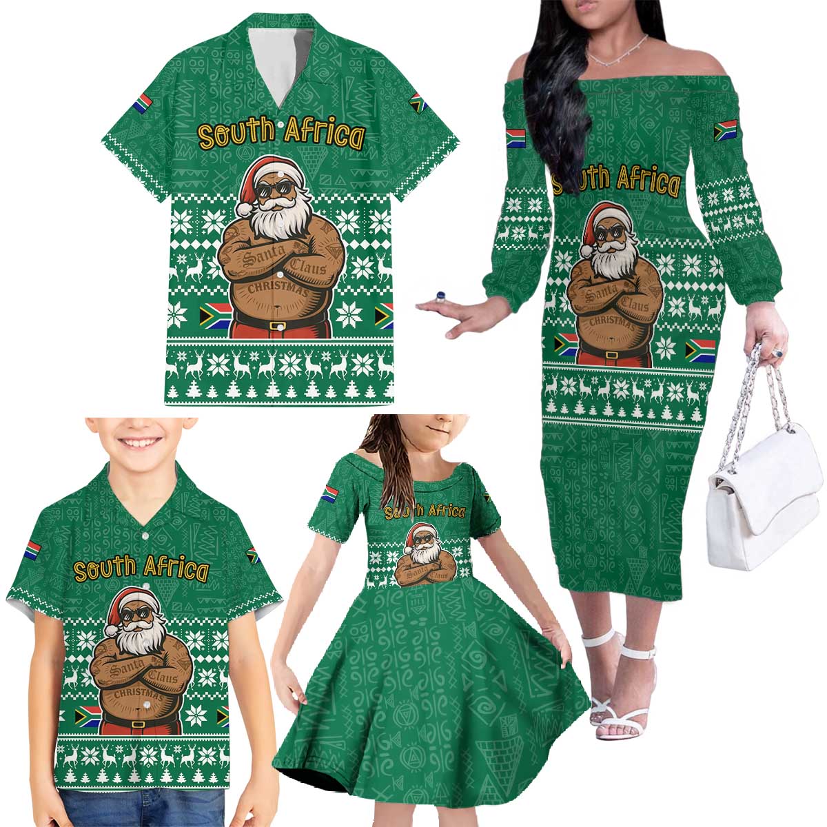 South Africa Christmas Family Matching Off The Shoulder Long Sleeve Dress and Hawaiian Shirt Christmas Santa Claus Tattoo - Wonder Print Shop