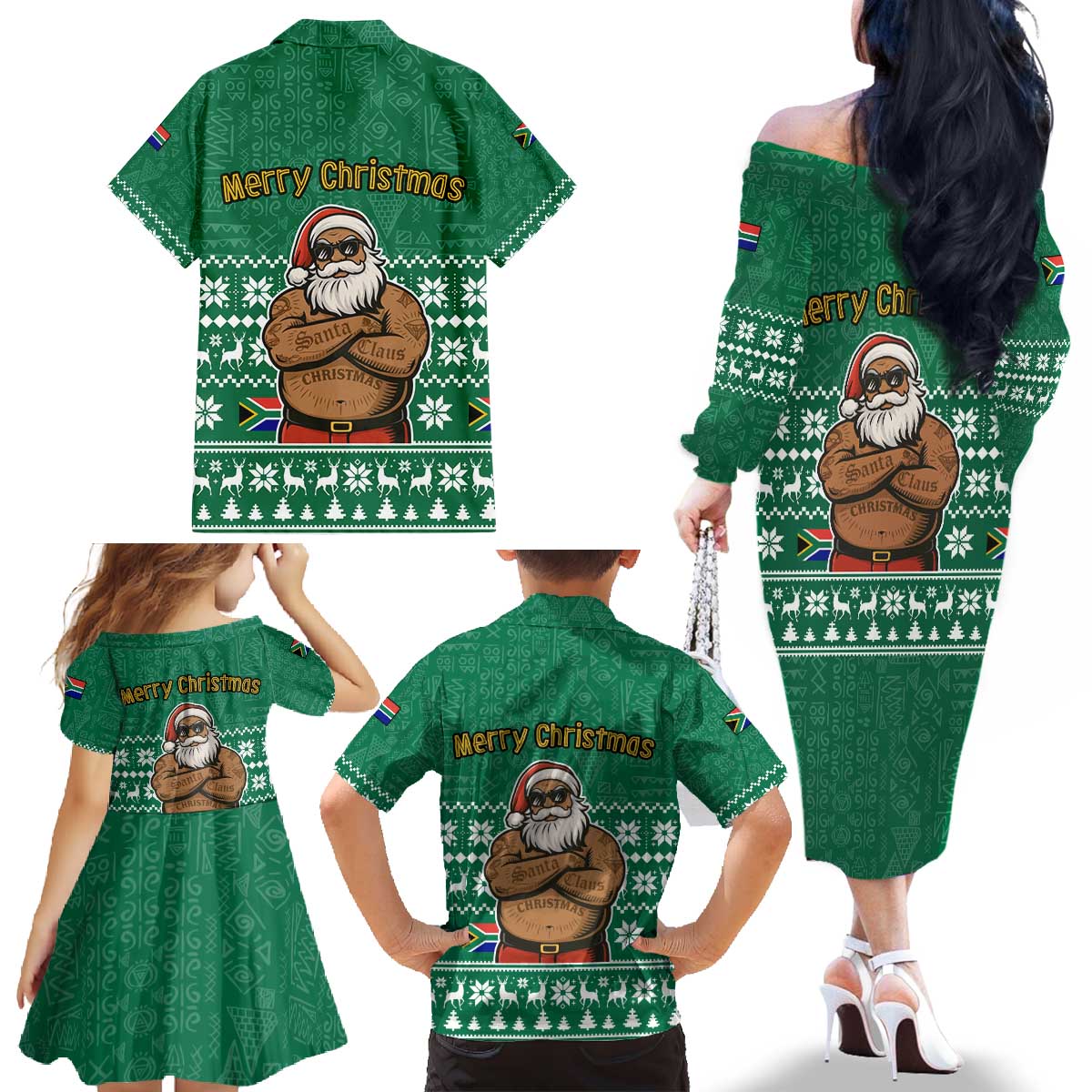 South Africa Christmas Family Matching Off The Shoulder Long Sleeve Dress and Hawaiian Shirt Christmas Santa Claus Tattoo - Wonder Print Shop