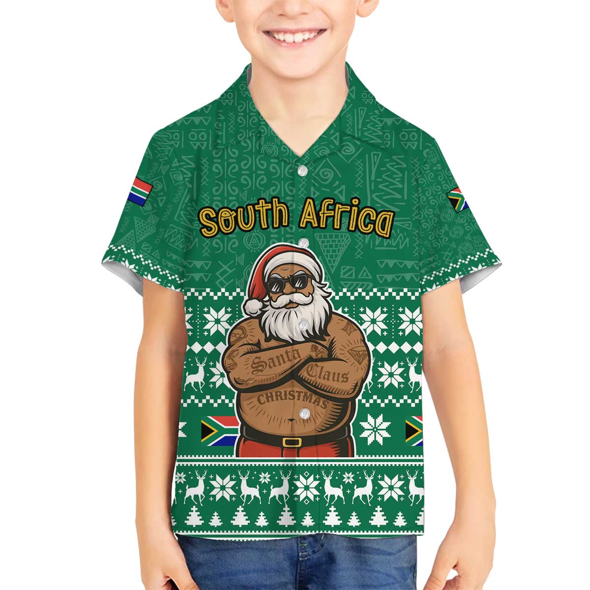 South Africa Christmas Family Matching Off The Shoulder Long Sleeve Dress and Hawaiian Shirt Christmas Santa Claus Tattoo - Wonder Print Shop