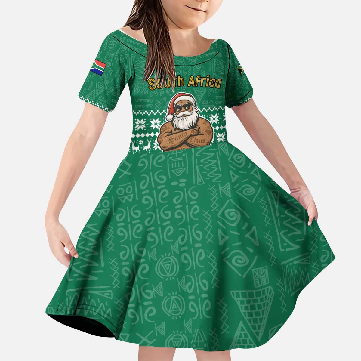 South Africa Christmas Kid Short Sleeve Dress Christmas Santa Claus Tattoo - Wonder Print Shop