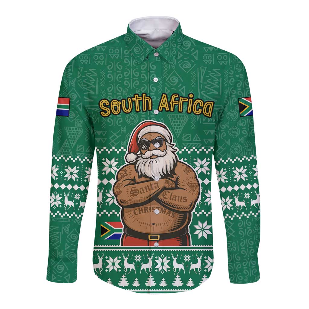 South Africa Christmas Long Sleeve Button Shirt Christmas Santa Claus Tattoo - Wonder Print Shop