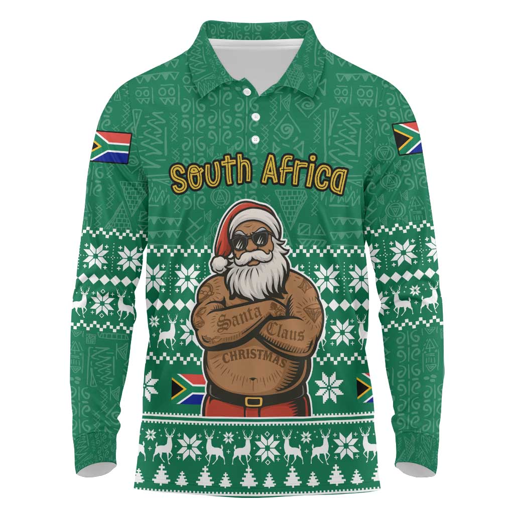 South Africa Christmas Long Sleeve Polo Shirt Christmas Santa Claus Tattoo - Wonder Print Shop