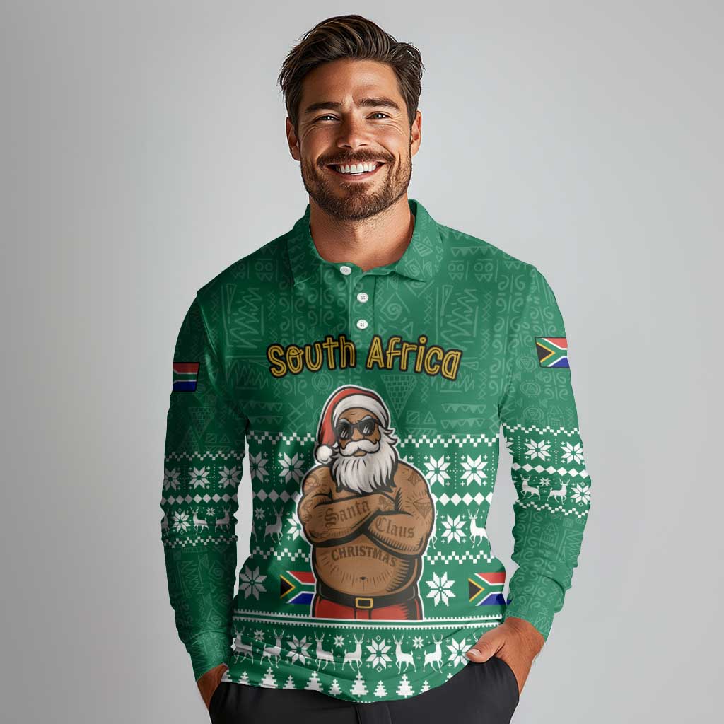 South Africa Christmas Long Sleeve Polo Shirt Christmas Santa Claus Tattoo - Wonder Print Shop
