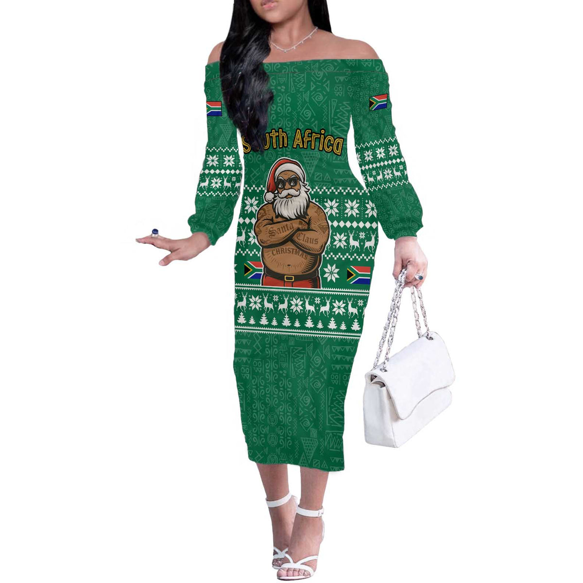 South Africa Christmas Off The Shoulder Long Sleeve Dress Christmas Santa Claus Tattoo - Wonder Print Shop