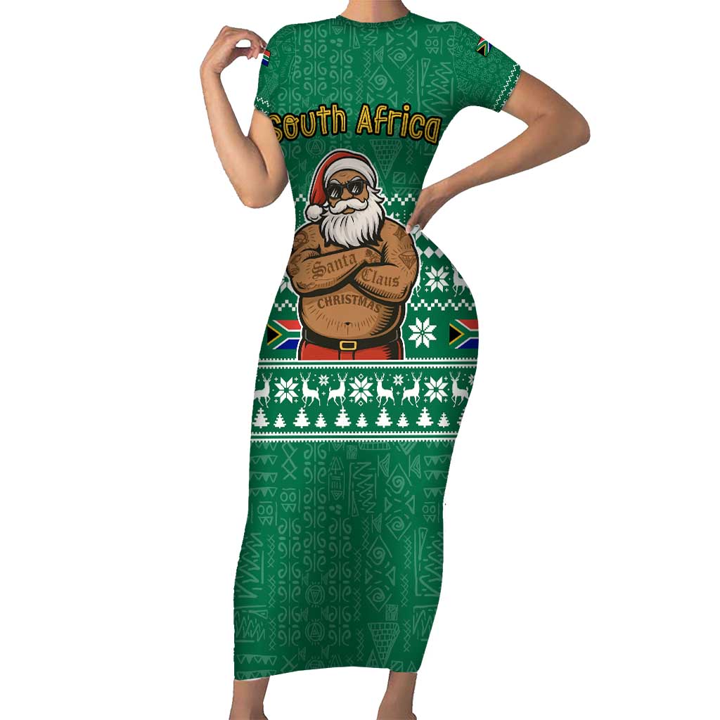 South Africa Christmas Short Sleeve Bodycon Dress Christmas Santa Claus Tattoo - Wonder Print Shop