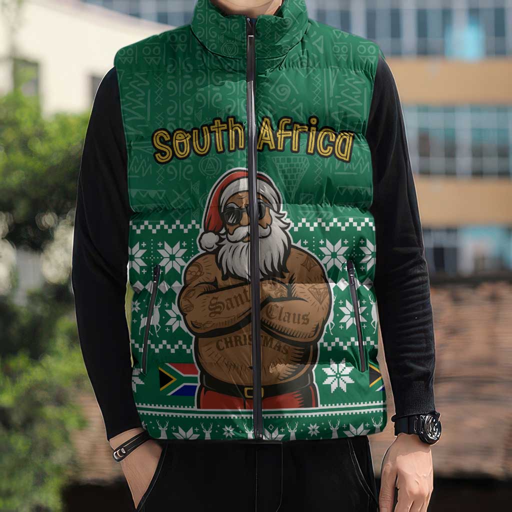 South Africa Christmas Sleeveless Puffer Jacket Christmas Santa Claus Tattoo - Wonder Print Shop