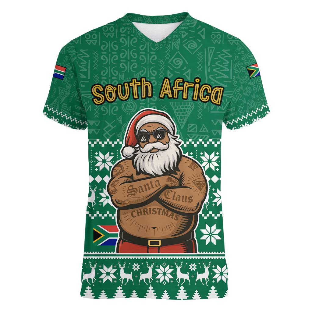 South Africa Christmas Women V-Neck T-Shirt Christmas Santa Claus Tattoo - Wonder Print Shop