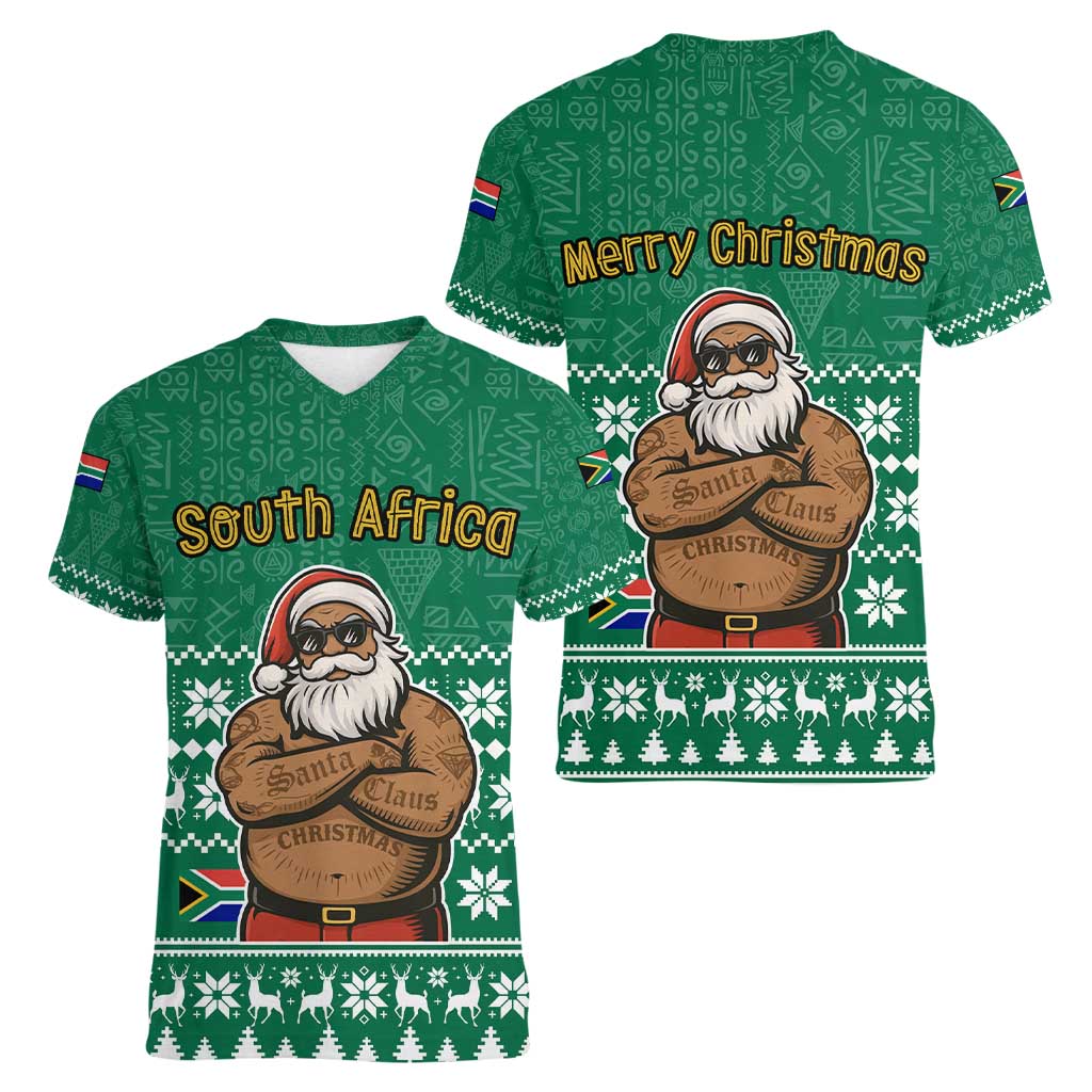 South Africa Christmas Women V-Neck T-Shirt Christmas Santa Claus Tattoo - Wonder Print Shop