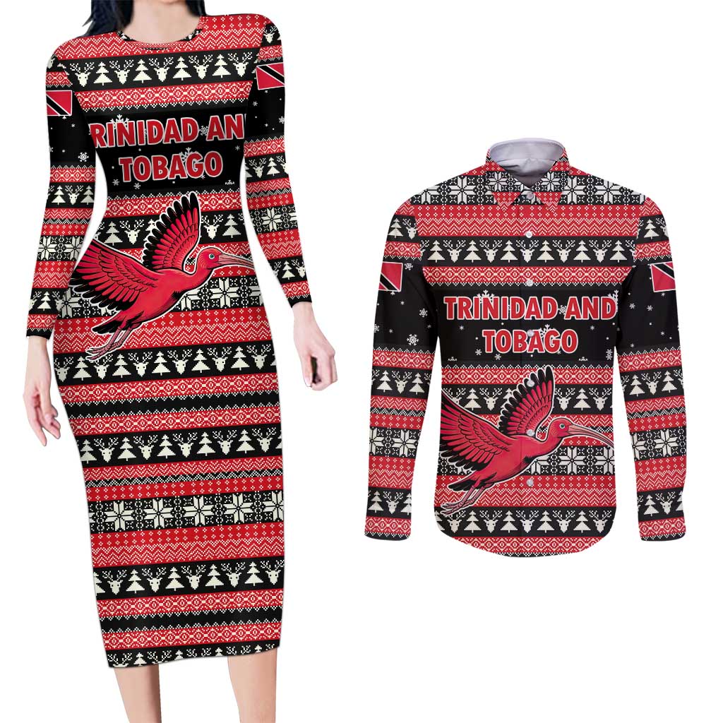 Trinidad and Tobago Christmas Couples Matching Long Sleeve Bodycon Dress and Long Sleeve Button Shirt Bird and Coat of Arms Design - Wonder Print Shop
