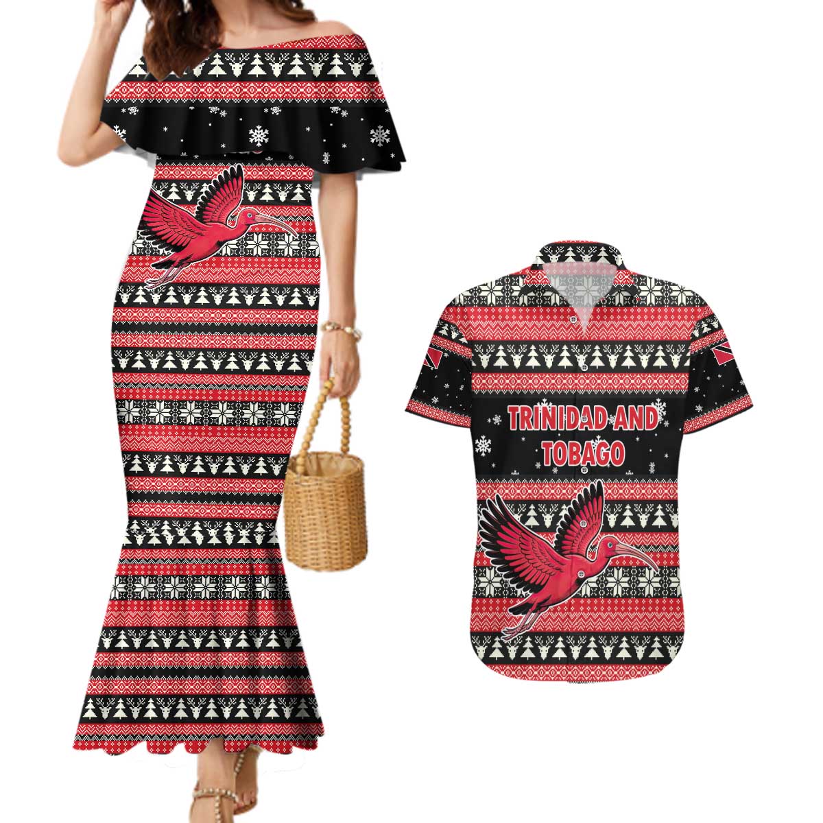Trinidad and Tobago Christmas Couples Matching Mermaid Dress and Hawaiian Shirt Bird and Coat of Arms Design - Wonder Print Shop