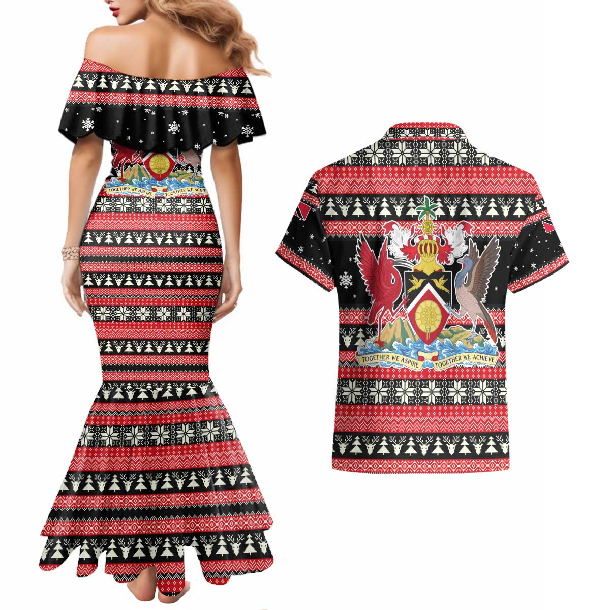Trinidad and Tobago Christmas Couples Matching Mermaid Dress and Hawaiian Shirt Bird and Coat of Arms Design - Wonder Print Shop