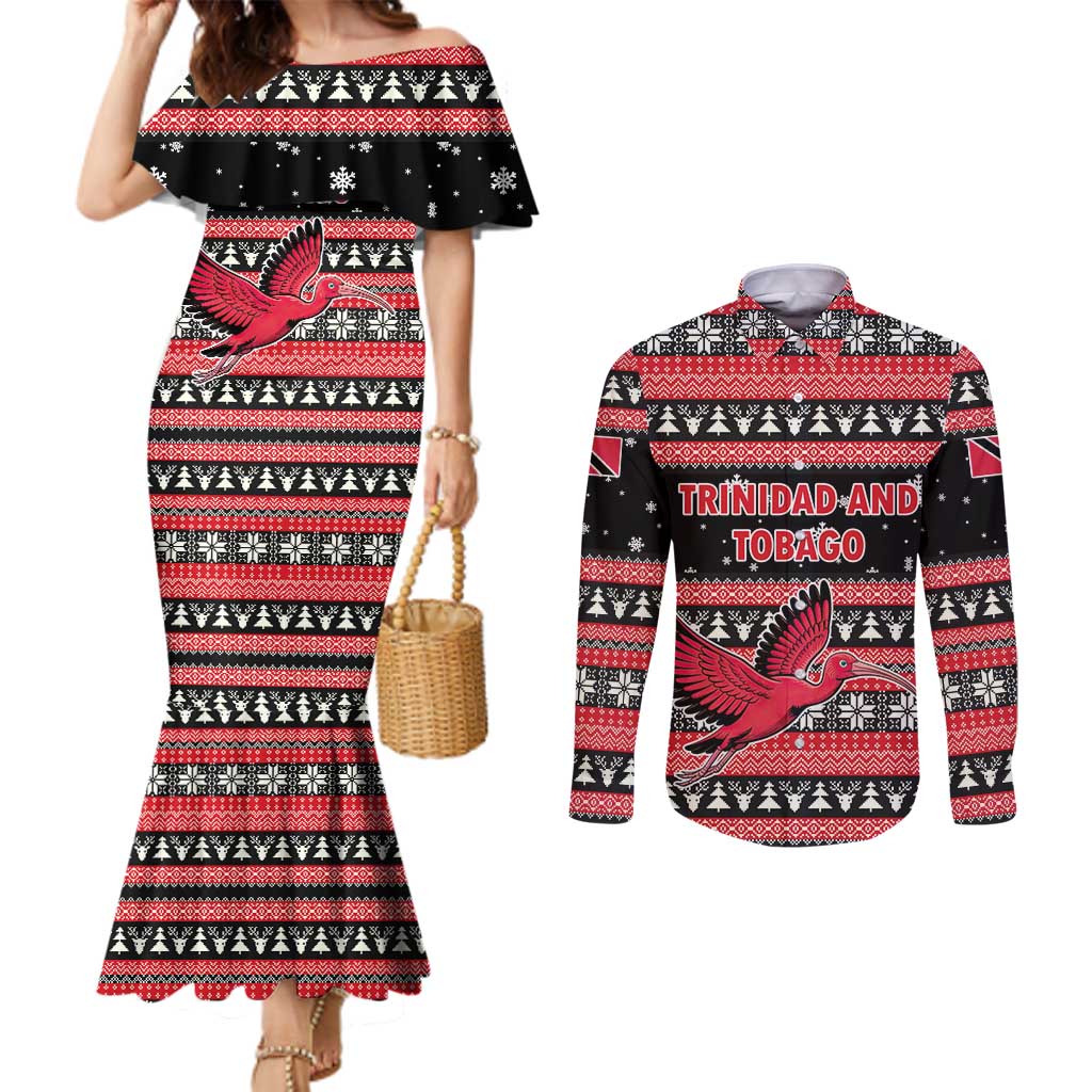 Trinidad and Tobago Christmas Couples Matching Mermaid Dress and Long Sleeve Button Shirt Bird and Coat of Arms Design - Wonder Print Shop