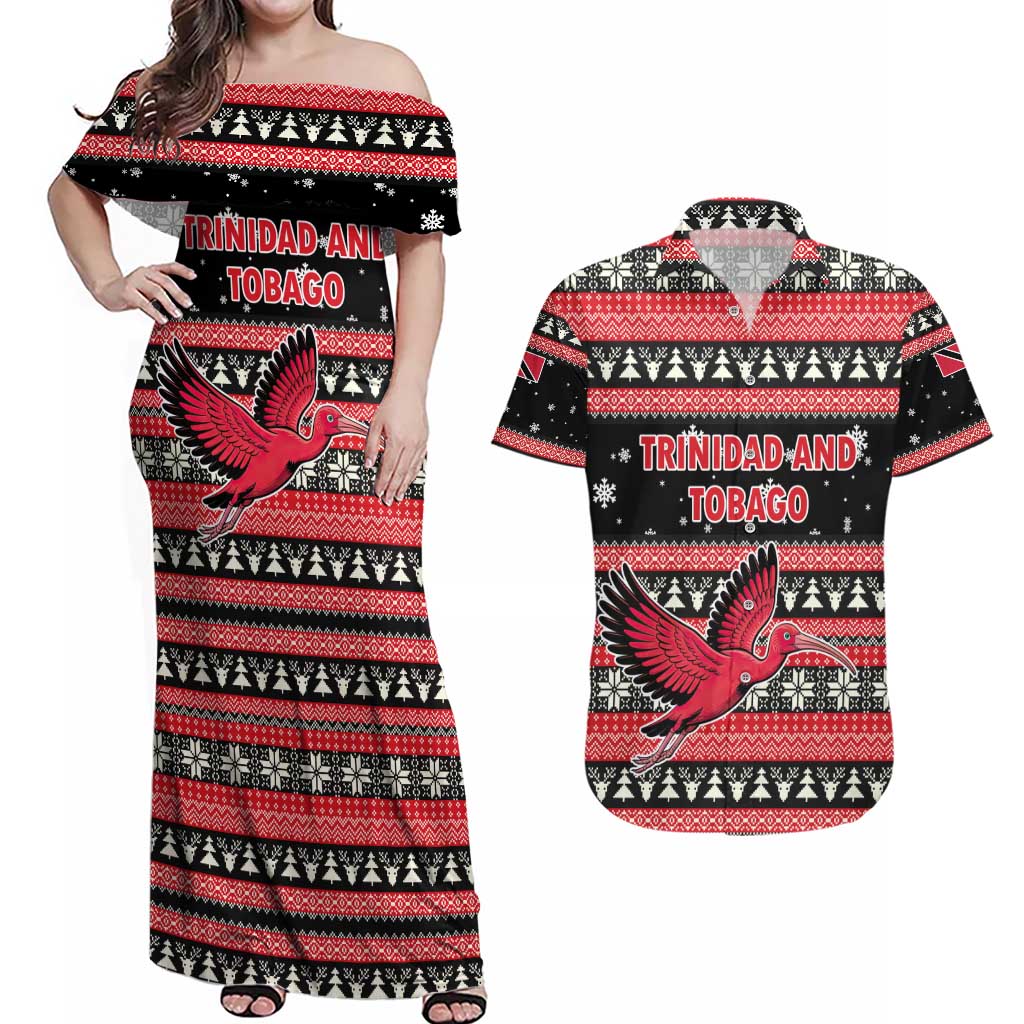 Trinidad and Tobago Christmas Couples Matching Off Shoulder Maxi Dress and Hawaiian Shirt Bird and Coat of Arms Design - Wonder Print Shop