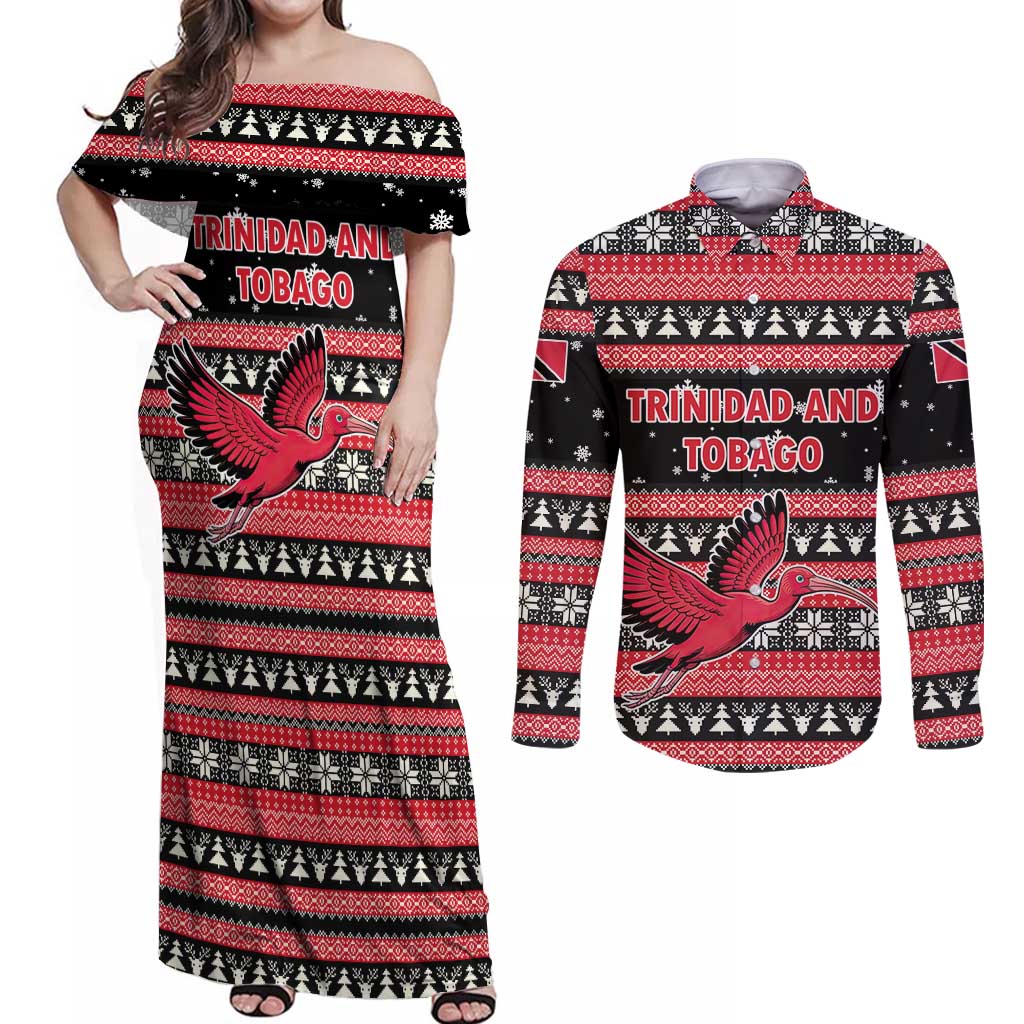 Trinidad and Tobago Christmas Couples Matching Off Shoulder Maxi Dress and Long Sleeve Button Shirt Bird and Coat of Arms Design - Wonder Print Shop