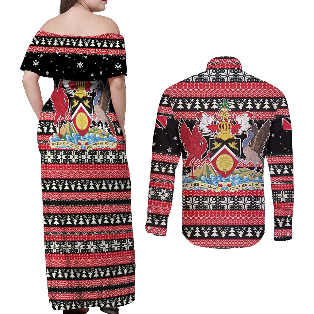 Trinidad and Tobago Christmas Couples Matching Off Shoulder Maxi Dress and Long Sleeve Button Shirt Bird and Coat of Arms Design - Wonder Print Shop