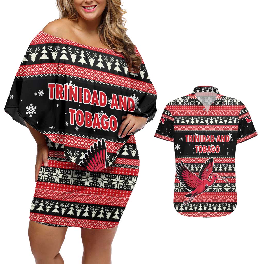 Trinidad and Tobago Christmas Couples Matching Off Shoulder Short Dress and Hawaiian Shirt Bird and Coat of Arms Design - Wonder Print Shop