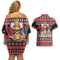 Trinidad and Tobago Christmas Couples Matching Off Shoulder Short Dress and Hawaiian Shirt Bird and Coat of Arms Design - Wonder Print Shop