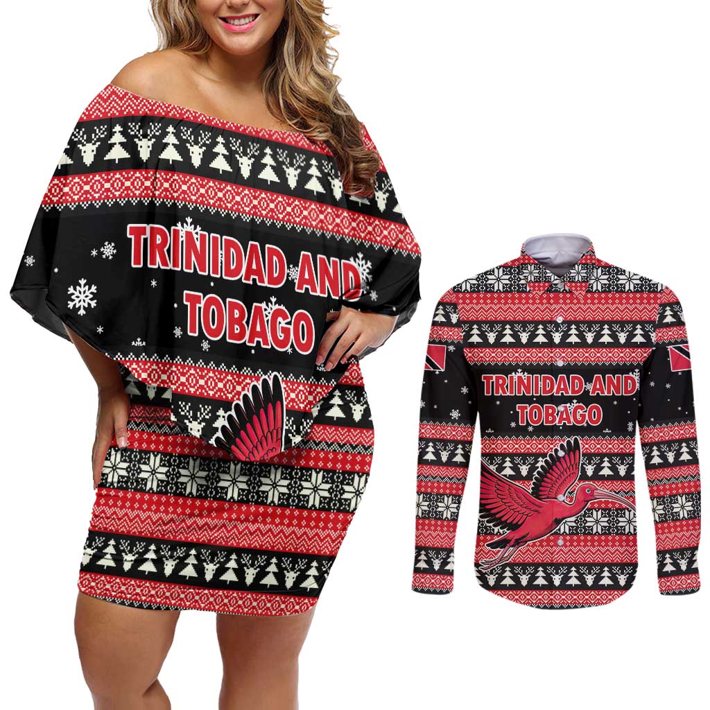 Trinidad and Tobago Christmas Couples Matching Off Shoulder Short Dress and Long Sleeve Button Shirt Bird and Coat of Arms Design - Wonder Print Shop