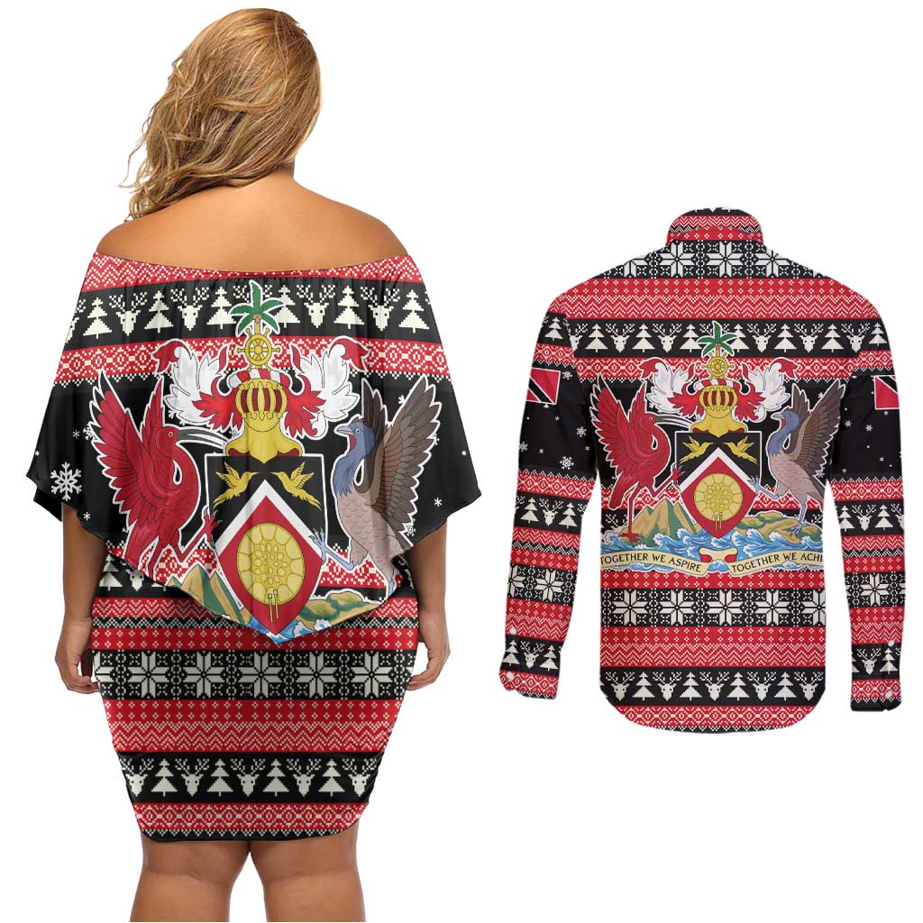 Trinidad and Tobago Christmas Couples Matching Off Shoulder Short Dress and Long Sleeve Button Shirt Bird and Coat of Arms Design - Wonder Print Shop