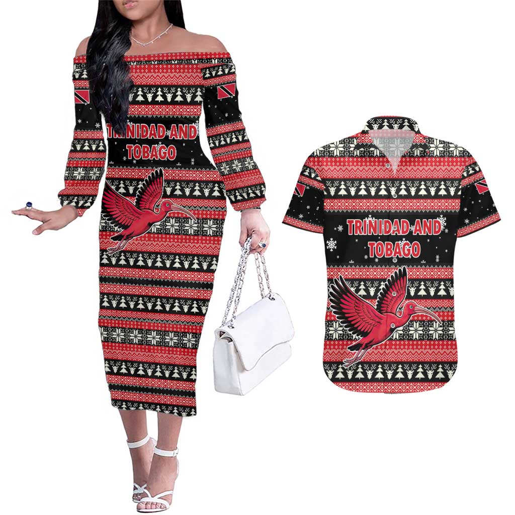 Trinidad and Tobago Christmas Couples Matching Off The Shoulder Long Sleeve Dress and Hawaiian Shirt Bird and Coat of Arms Design - Wonder Print Shop
