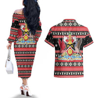 Trinidad and Tobago Christmas Couples Matching Off The Shoulder Long Sleeve Dress and Hawaiian Shirt Bird and Coat of Arms Design - Wonder Print Shop