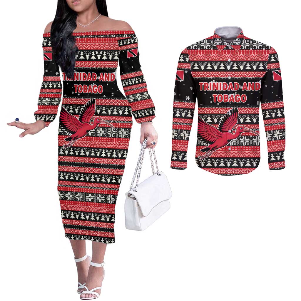 Trinidad and Tobago Christmas Couples Matching Off The Shoulder Long Sleeve Dress and Long Sleeve Button Shirt Bird and Coat of Arms Design - Wonder Print Shop