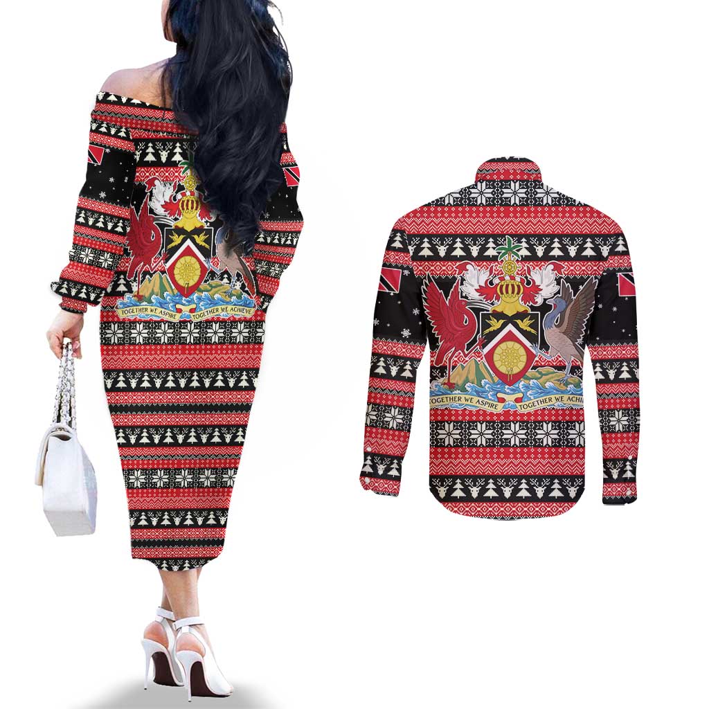 Trinidad and Tobago Christmas Couples Matching Off The Shoulder Long Sleeve Dress and Long Sleeve Button Shirt Bird and Coat of Arms Design - Wonder Print Shop