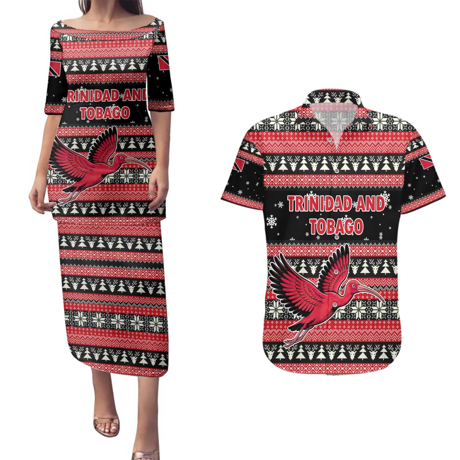 Trinidad and Tobago Christmas Couples Matching Puletasi and Hawaiian Shirt Bird and Coat of Arms Design - Wonder Print Shop