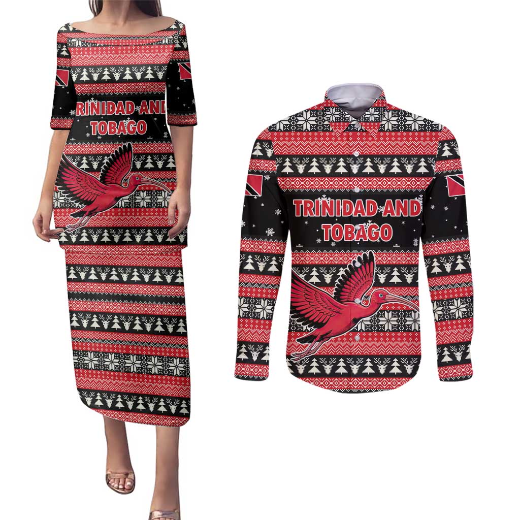 Trinidad and Tobago Christmas Couples Matching Puletasi and Long Sleeve Button Shirt Bird and Coat of Arms Design - Wonder Print Shop
