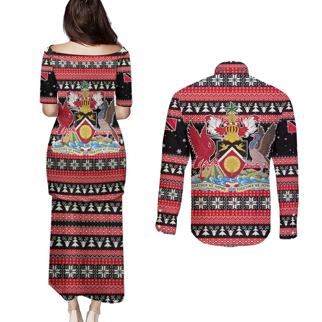 Trinidad and Tobago Christmas Couples Matching Puletasi and Long Sleeve Button Shirt Bird and Coat of Arms Design - Wonder Print Shop