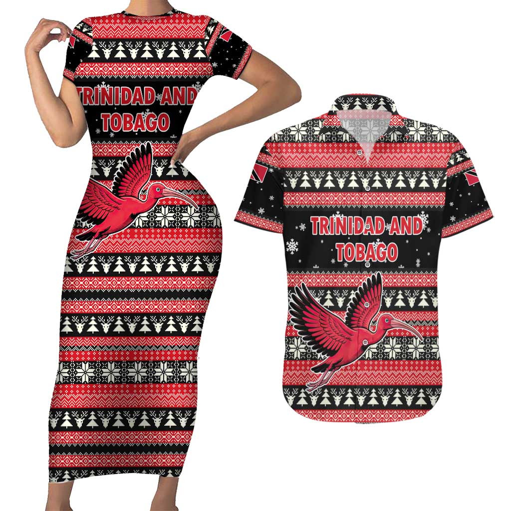 Trinidad and Tobago Christmas Couples Matching Short Sleeve Bodycon Dress and Hawaiian Shirt Bird and Coat of Arms Design - Wonder Print Shop