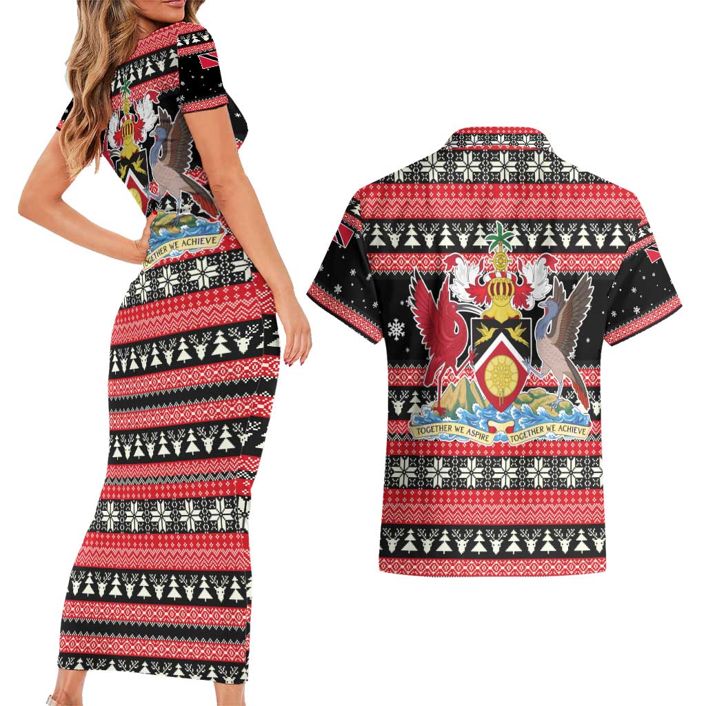 Trinidad and Tobago Christmas Couples Matching Short Sleeve Bodycon Dress and Hawaiian Shirt Bird and Coat of Arms Design - Wonder Print Shop