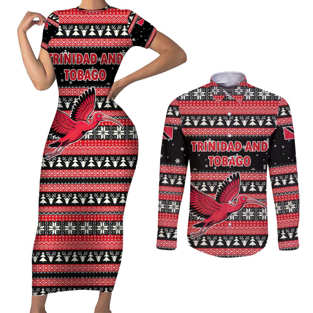 Trinidad and Tobago Christmas Couples Matching Short Sleeve Bodycon Dress and Long Sleeve Button Shirt Bird and Coat of Arms Design - Wonder Print Shop
