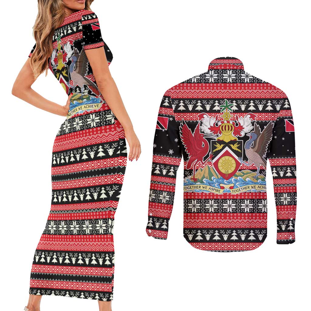 Trinidad and Tobago Christmas Couples Matching Short Sleeve Bodycon Dress and Long Sleeve Button Shirt Bird and Coat of Arms Design - Wonder Print Shop