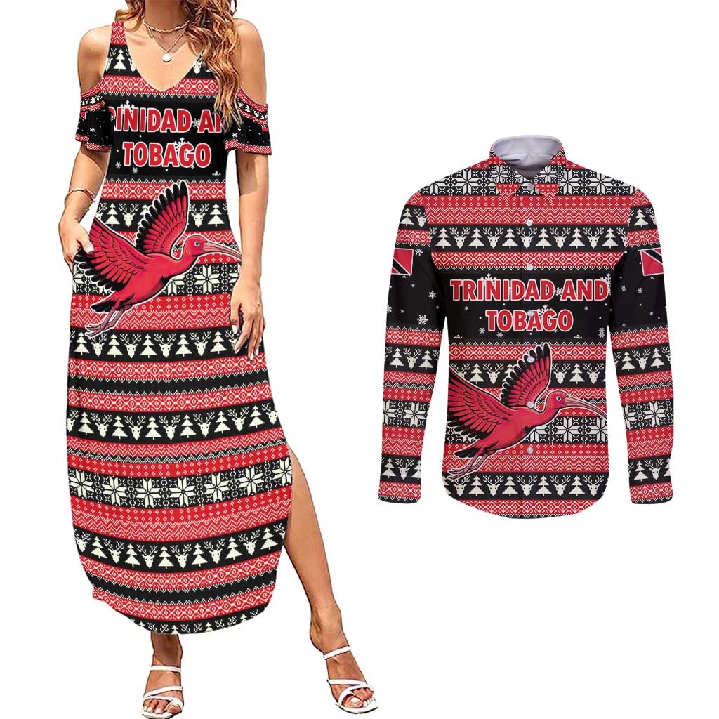 Trinidad and Tobago Christmas Couples Matching Summer Maxi Dress and Long Sleeve Button Shirt Bird and Coat of Arms Design - Wonder Print Shop