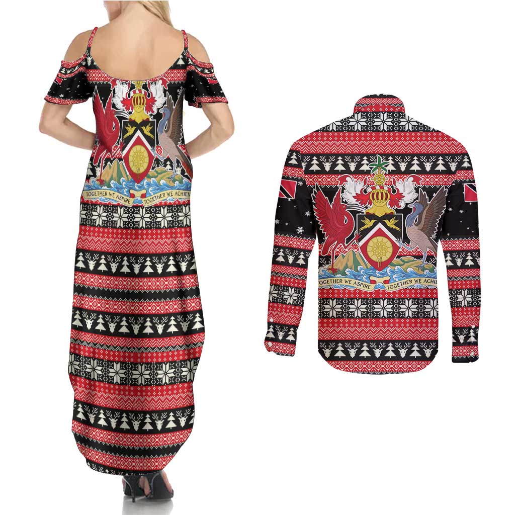 Trinidad and Tobago Christmas Couples Matching Summer Maxi Dress and Long Sleeve Button Shirt Bird and Coat of Arms Design - Wonder Print Shop