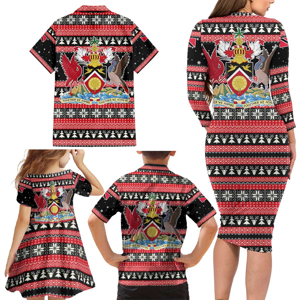 Trinidad and Tobago Christmas Family Matching Long Sleeve Bodycon Dress and Hawaiian Shirt Bird and Coat of Arms Design - Wonder Print Shop